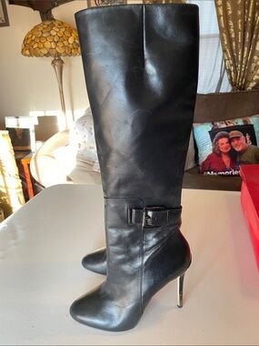 Michael Kors Black Leather Knee-High Stiletto Boots with Buckle Detail ( box)